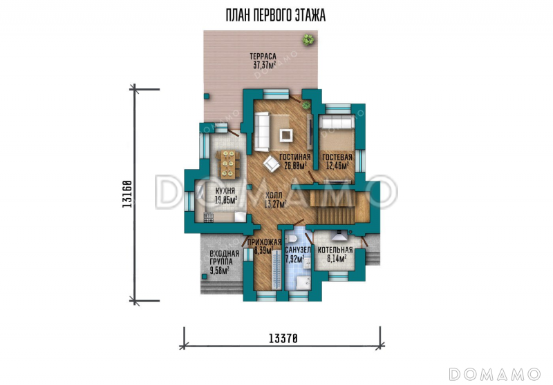 Проект одноэтажного дома с мансардой и просторной террасой / План 1 этажа