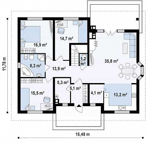 Проект одноэтажного дома из газобетона с мансардой и барбекю на террасе  / План 1 этажа