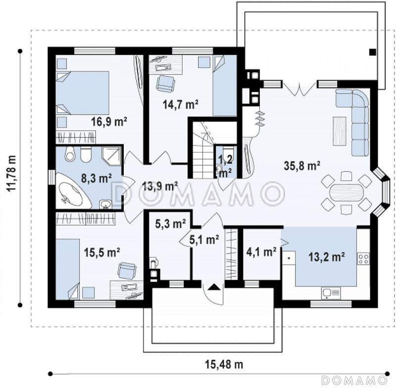 Проект одноэтажного дома из газобетона с мансардой и барбекю на террасе  / План 1 этажа