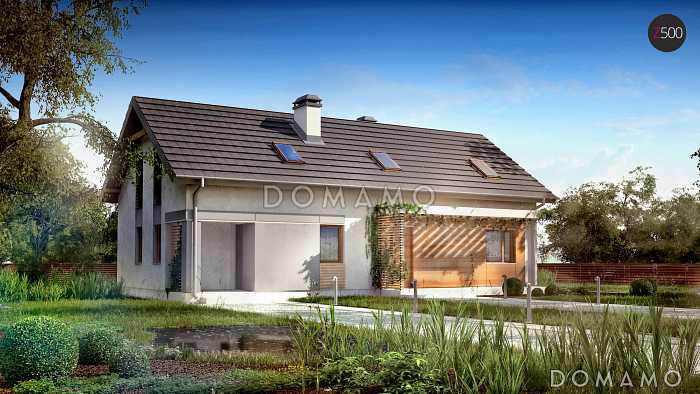 Проект одноэтажного мансардного дома из газобетона с отделённой однокомнатной квартирой на первом этаже