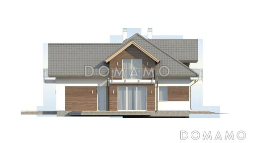 Проект просторного одноэтажного мансардного коттеджа из газобетона с гостевой спальней на первом этаже, кабинетом и гаражом / Фасад 4