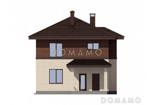 Проект дома из газобетона с крытой террасой, совмещенной кухней-столовой и гостиной, комнатой на первом этаже / Фасад 1