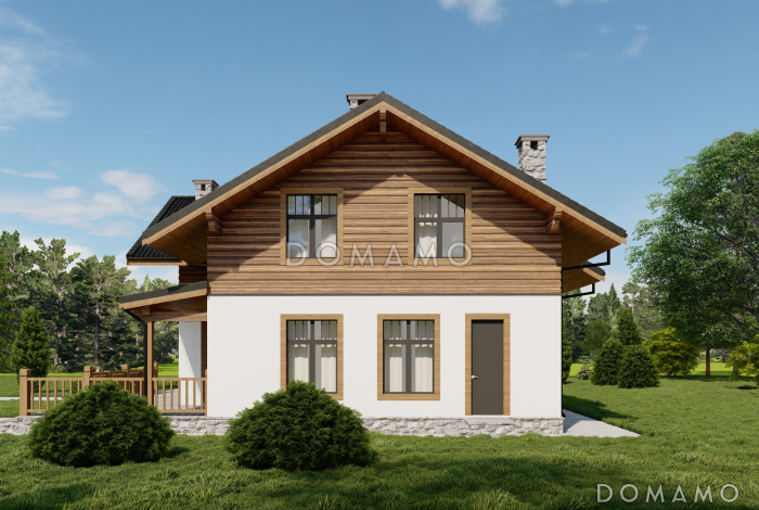 Проект двухэтажного газобетонного дома с просторной террасой, сауной и пятью спальнями Проект двухэтажного газобетонного дома с просторной террасой, сауной и пятью спальнями