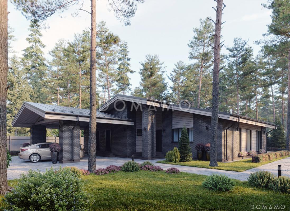 Проект кирпичного одноэтажного дома с 3 комнатами, сауной и навесом для автомобилей / 1