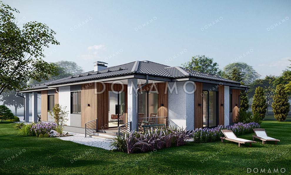 Проект одноэтажного дома с кабинетом, навесом для машины, тремя спальнями и небольшой угловой террасой / 2