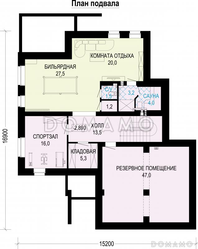 Проект двухэтажного дома из газобетона с подвалом и гаражом на два машиноместа / План цокольного этажа