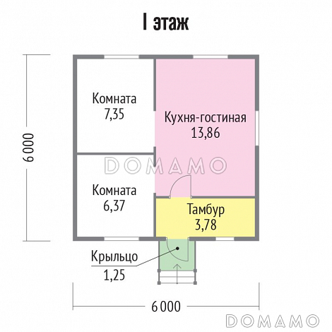 Проект каркасного дома с двумя маленькими спальнями / План 1 этажа Проект каркасного дома с двумя маленькими спальнями / План 1 этажа