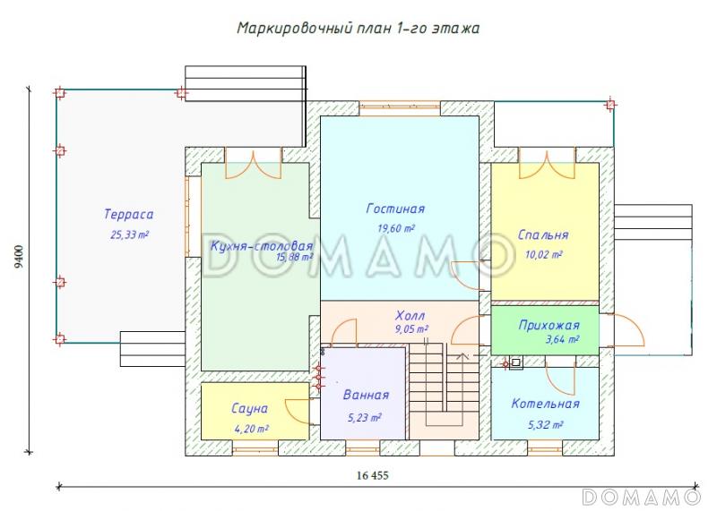 Проект одноэтажного дома с мансардным этажом из газобетона с крытой террасой / План 1 этажа
