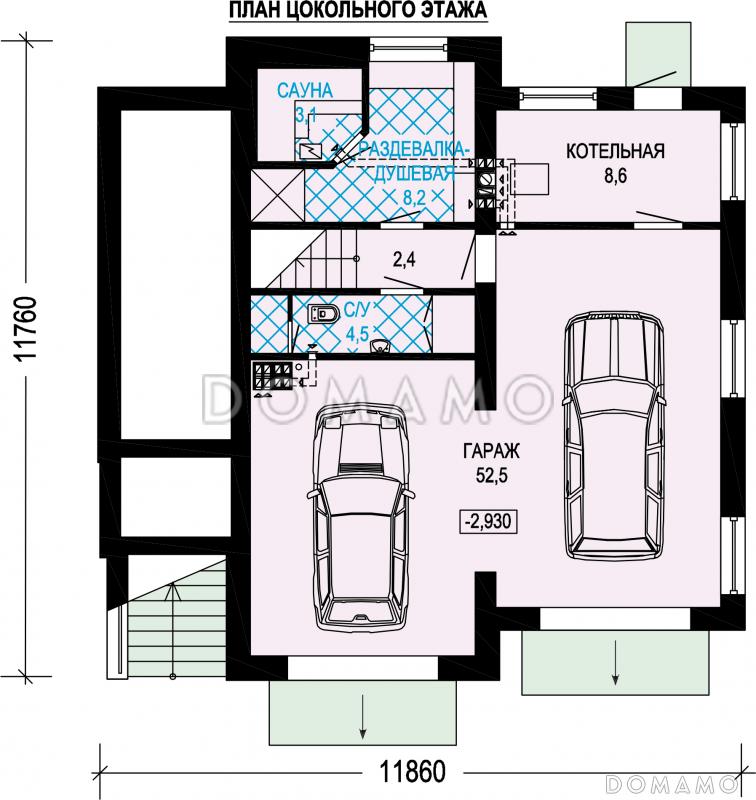 Проект трехэтажного кирпичного дома с двойным гаражом / План цокольного этажа