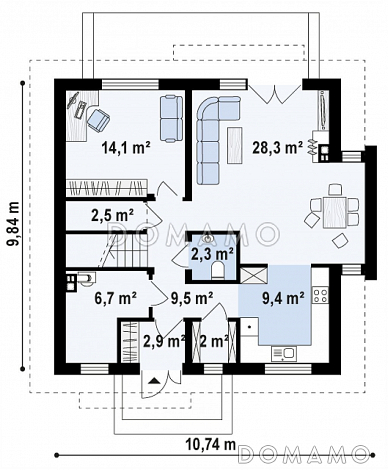 Проект одноэтажного мансардного дома из кирпича с балконом, тремя спальнями и кабинетом / План 1 этажа