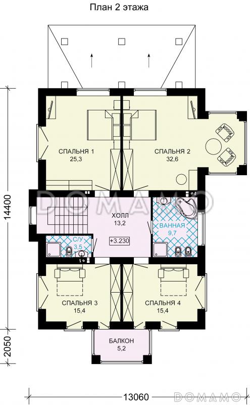 Проект двухэтажного дома из пеноблоков с выходом на террасу из просторной гостиной / План 2 этажа