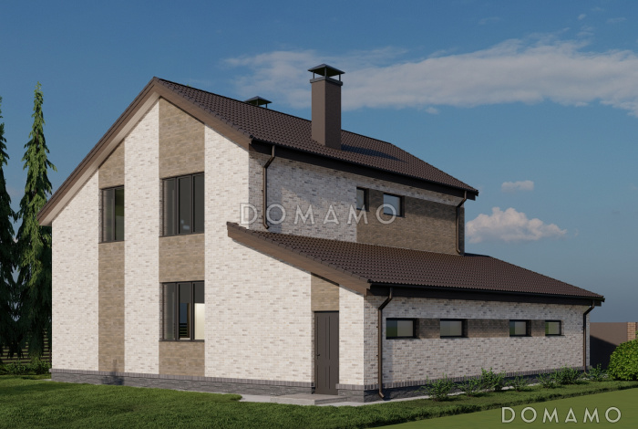 Проект двухэтажного газобетонного дома с гаражом на два машиноместа, тремя спальнями и кабинетом на втором этаже Проект двухэтажного газобетонного дома с гаражом на два машиноместа, тремя спальнями и кабинетом на втором этаже