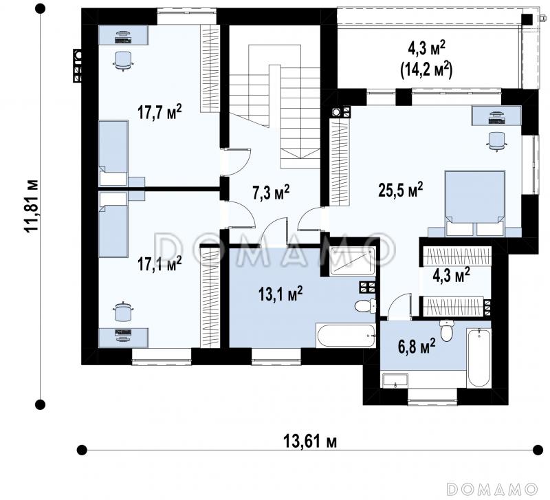 Проект двухэтажного дома с подвалом, гаражом, двумя спальнями на первом этаже, мастер-спальней на втором этаже / План 2 этажа