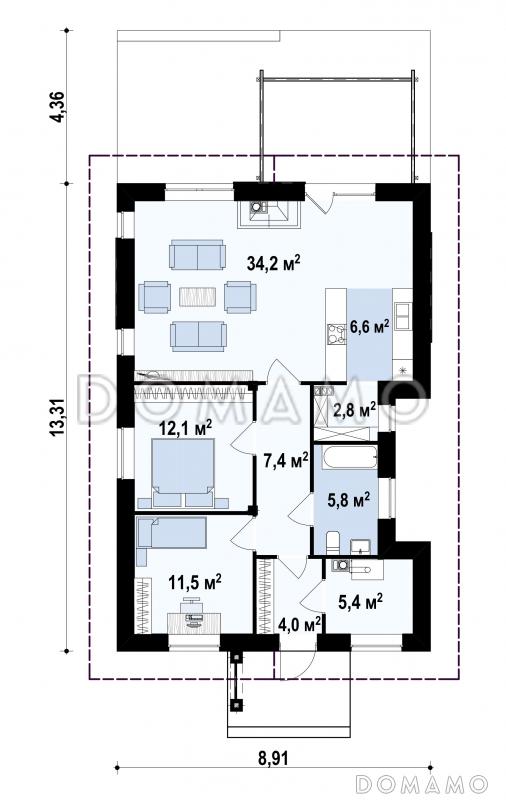 Проект простого уютного одноэтажного дома из кирпича с двумя спальнями / План 1 этажа