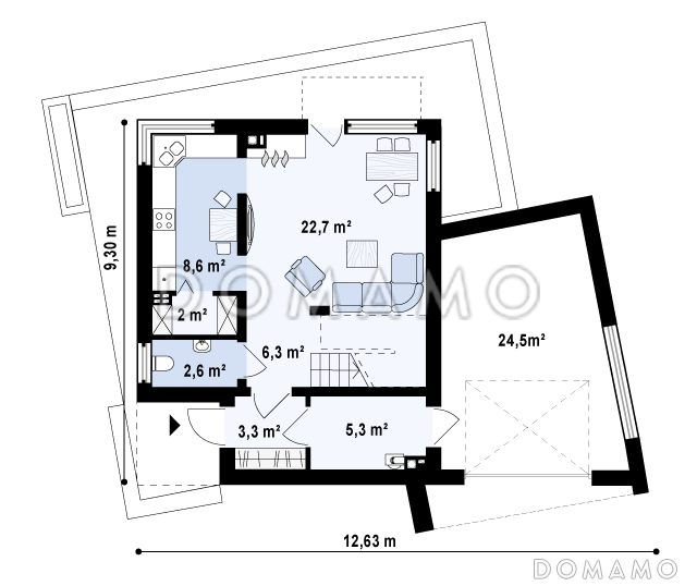 Проект двухэтажного дома из газобетона в стиле кубизм со спальной зоной на втором этаже и с гаражом / План 1 этажа