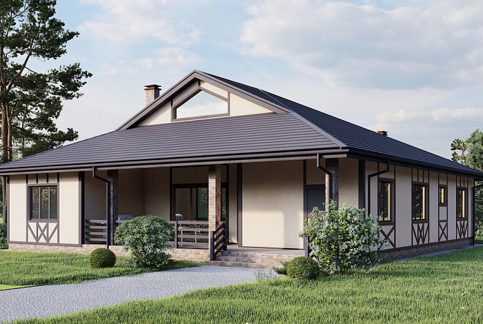 Проект одноэтажного дома с 3 спальнями, кабинетом и антресолью на чердаке