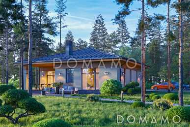 Проект кирпичного дома с мастер-спальней, просторной гостиной и крытой террасой