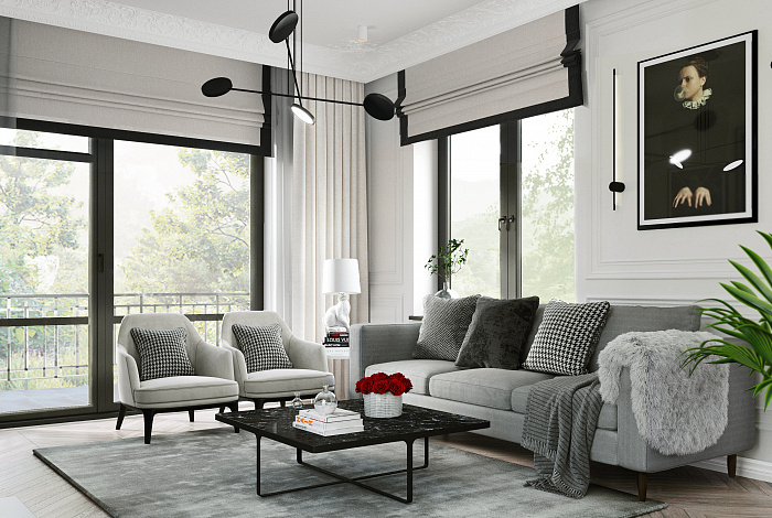 Проект дома из кирпича с гаражом, эркером в кухне, террасой