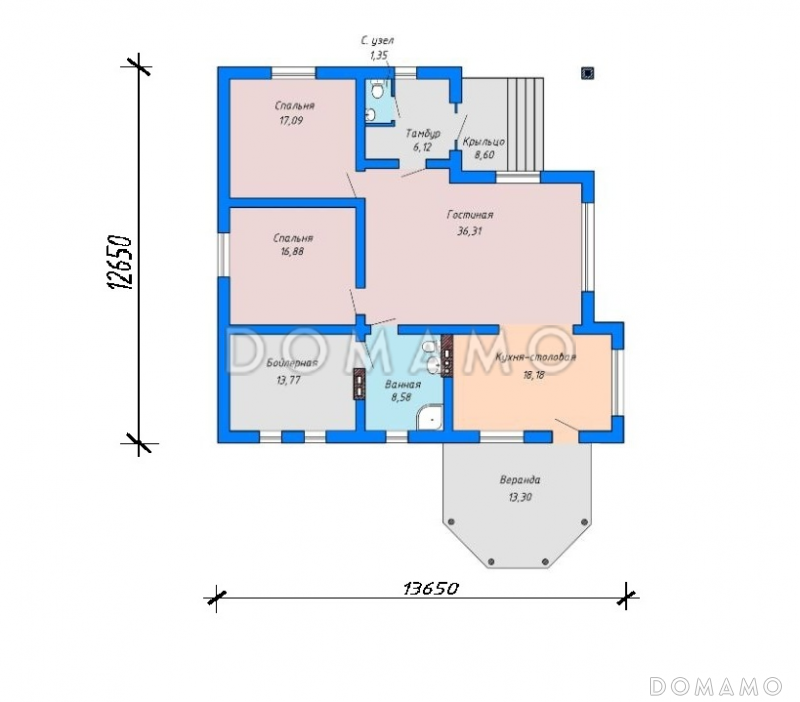Проект одноэтажного дома с верандой, кухней-столовой, санузлом в тамбуре / План 1 этажа