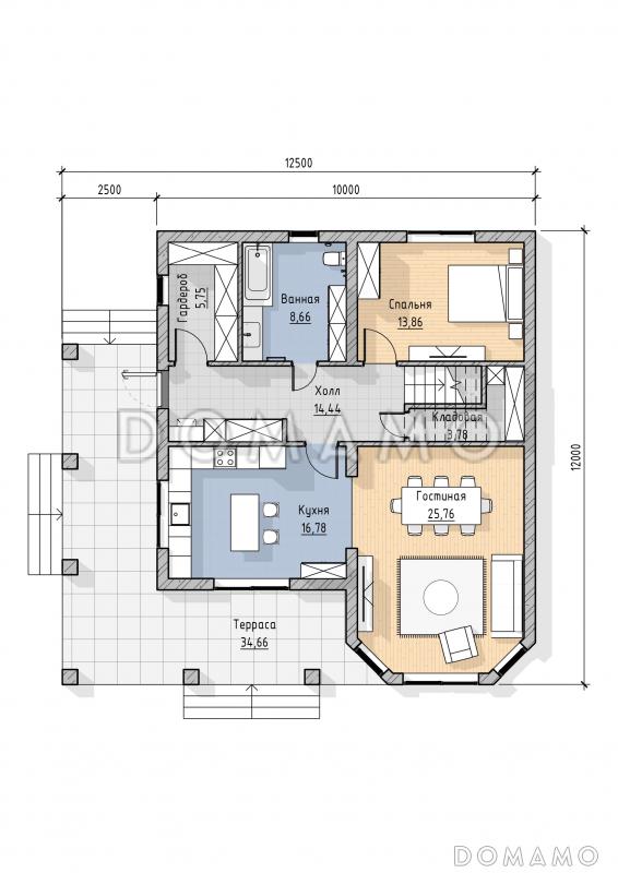 Проект двухэтажного дома в современном стиле / План 1 этажа
