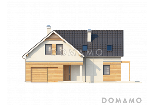 Проект одноэтажного дома из газобетона с угловой мансардой и встроенным гаражом / Фасад 1