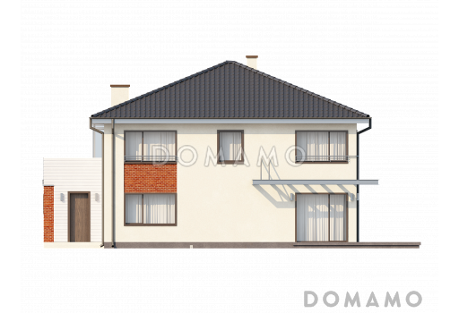 Проект просторного современного двухэтажного дома из кирпича, с пятью комнатами, гаражом и застеклённой террасой над ним / Фасад 3