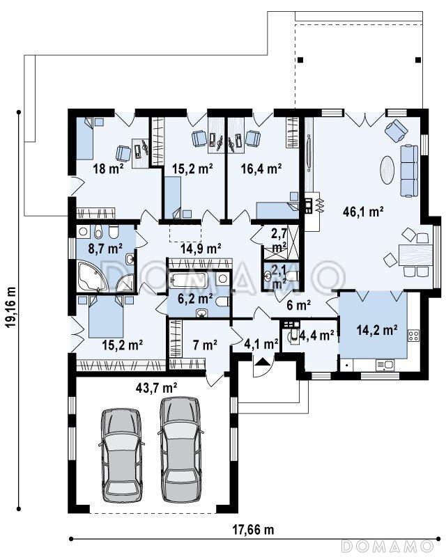 Проект просторного одноэтажного дома из газобетона с четырьмя спальнями и гаражом на два автомобиля / План 1 этажа