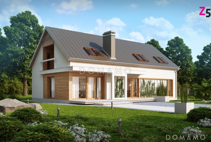 Проект одноэтажного мансардного дома из кирпича с кабинетом, тремя спальнями и гаражом на два автомобиля