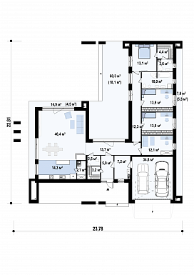 Проект просторного одноэтажного дома из газобетона для большой семьи / План 1 этажа Проект просторного одноэтажного дома из газобетона для большой семьи / План 1 этажа