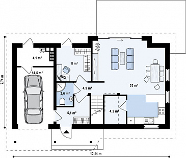 Проект увеличенного одноэтажного мансардного дома из кирпича с гаражом и большим фронтонным окном / План 1 этажа