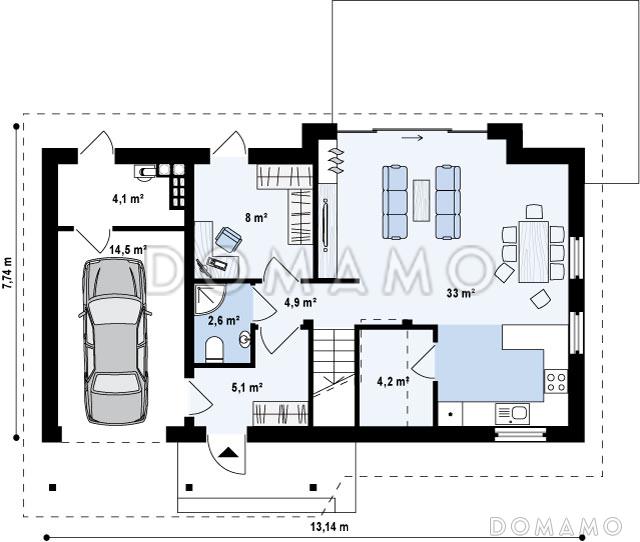 Проект увеличенного одноэтажного мансардного дома из кирпича с гаражом и большим фронтонным окном / План 1 этажа