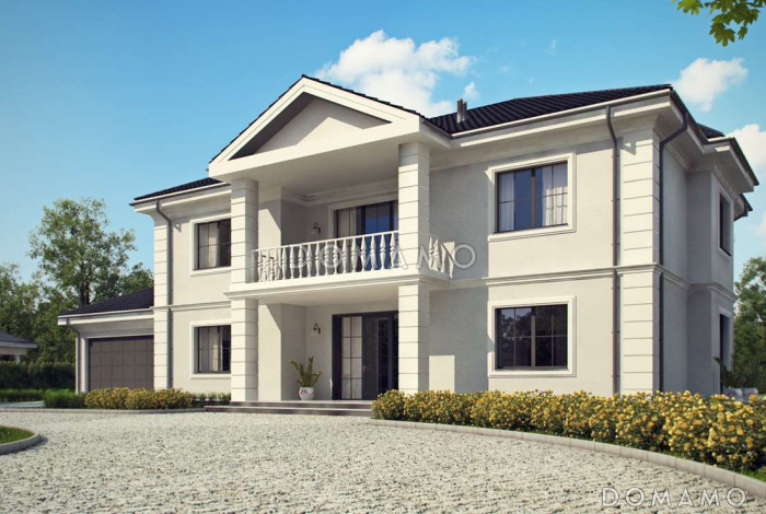 Проект большого двухэтажного дома из кирпича с четырьмя спальнями, гаражом, сауной и просторной дневной зоной