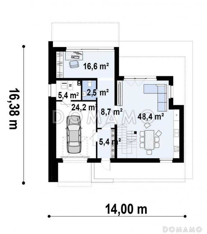 Проект загородного дома с гаражом для автомобиля, кабинетом, террасой на втором этаже / План 1 этажа