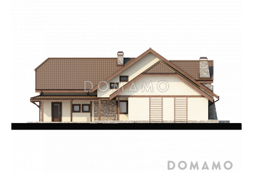 Проект просторного одноэтажного мансардного дома из газобетона с пятью комнатами, балконом и гаражом / Фасад 2