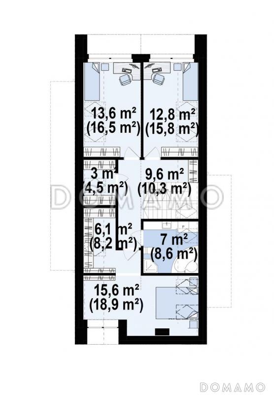 Проект загородного дома в современном стиле с комнатой и гардеробом на первом этаже, тремя спальнями на мансарде, просторной обеденной зоной / План мансардного этажа