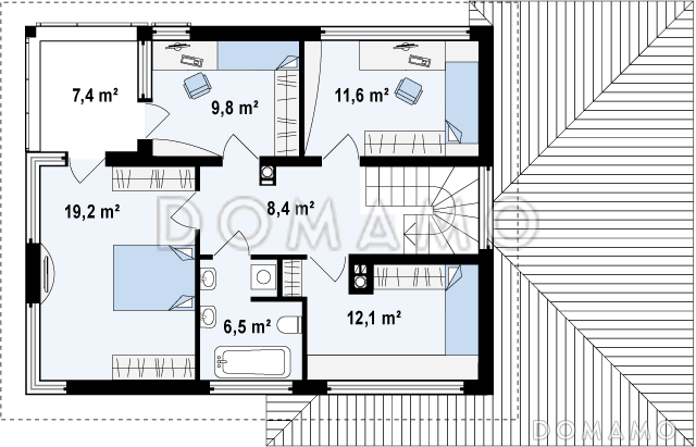 Проект современного двухэтажного дома из газобетона с четырьмя комнатами, гаражом, террасой и балконом / План 2 этажа