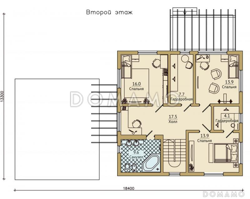 Проект каркасного дома с хозяйственной пристройкой и навесом на две машины / План 2 этажа