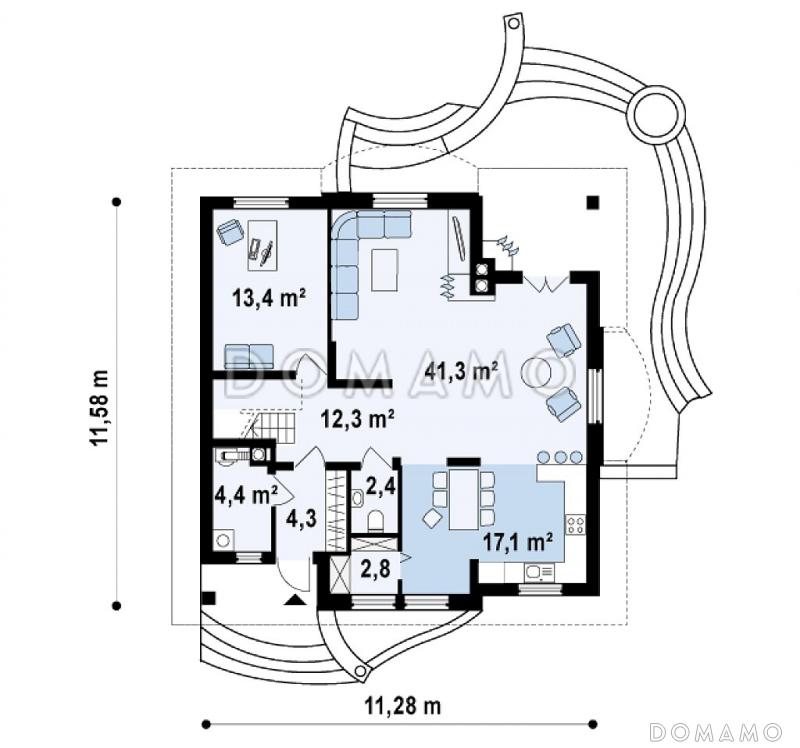 Проект одноэтажного мансардного дома из газобетона с кирпичной облицовкой с двумя балконами и барбекю на террасе  / План 1 этажа