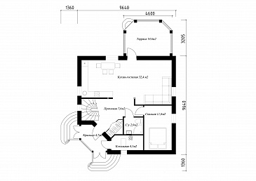Проект необычного дома с крыльцом на углу / План 1 этажа Проект необычного дома с крыльцом на углу / План 1 этажа