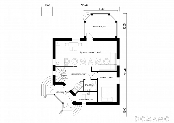 Проект необычного дома с крыльцом на углу / План 1 этажа Проект необычного дома с крыльцом на углу / План 1 этажа