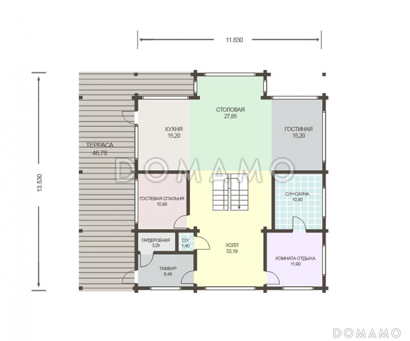 Проект дома из клееного бруса с крытой террасой / План 1 этажа