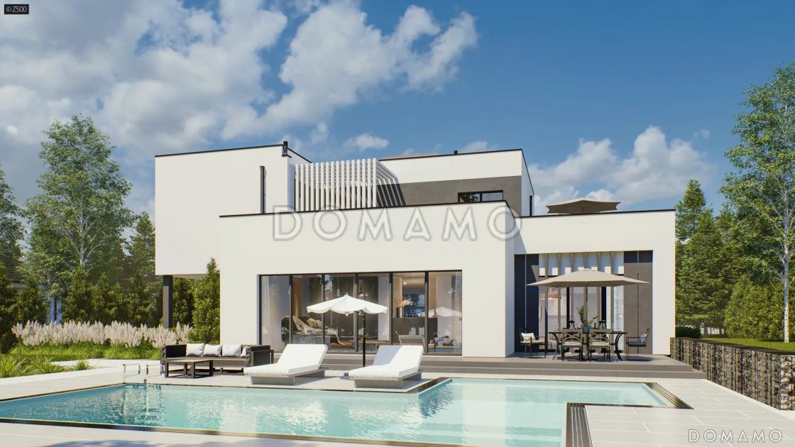 Проект двухэтажного кирпичного дома с террасой, бассейном, гаражом / 1