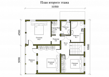 Проект двухэтажного каркасного дома с панорамным остеклением и двумя верандами / План 2 этажа Проект двухэтажного каркасного дома с панорамным остеклением и двумя верандами / План 2 этажа