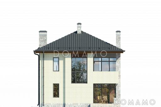 Двухэтажный загородный дом с облицовкой кирпичом, крытой террасой, спальней на первом этаже, двумя балконами / Фасад 3