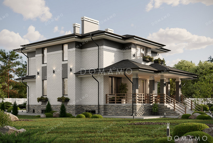 Проект большого двухэтажного дома в стиле Райт с подвалом, большой крытой террасой и балконом на втором этаже Проект большого двухэтажного дома в стиле Райт с подвалом, большой крытой террасой и балконом на втором этаже