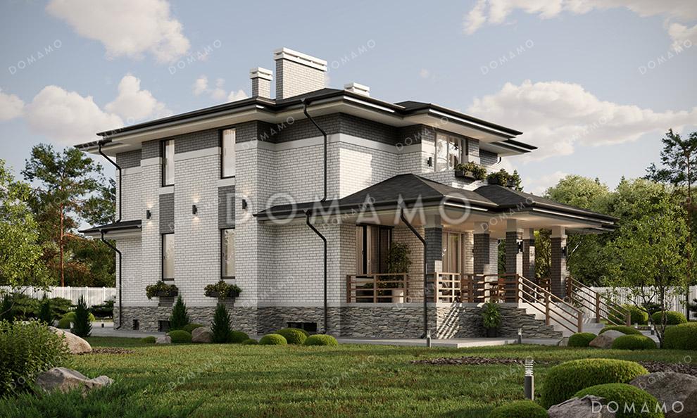 Проект большого двухэтажного дома в стиле Райт с подвалом, большой крытой террасой и балконом на втором этаже / 2