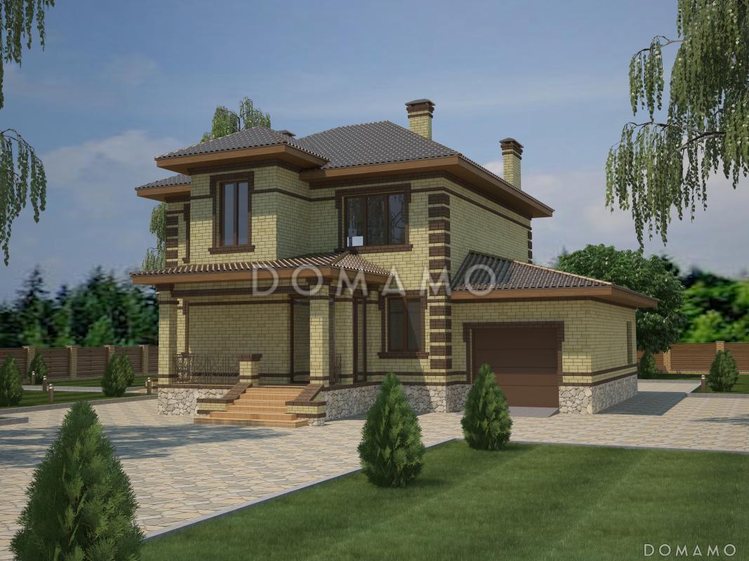 Проект двухэтажного дома с пристроенным гаражом, террасой и крыльцом / 1