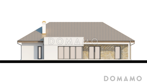 Проект одноэтажного дома из газобетона с прямоугольным эркером в современном архитектурном исполнении и со встроенным гаражом / Фасад 4