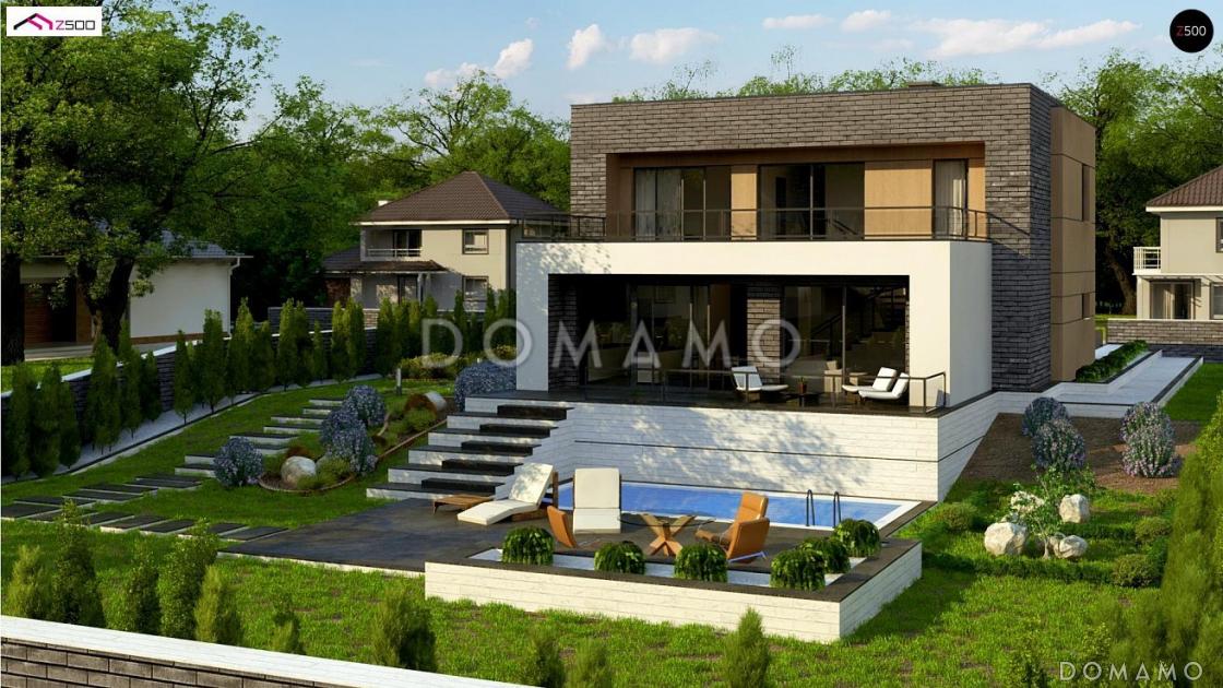 Проект современного двухэтажного дома из кирпича с плоской крышей, с четырьмя комнатами, гаражом и террасами на двух уровнях / 1