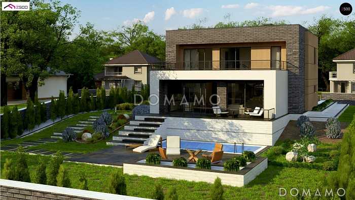 Проект современного двухэтажного дома из кирпича с плоской крышей, с четырьмя комнатами, гаражом и террасами на двух уровнях Проект современного двухэтажного дома из кирпича с плоской крышей, с четырьмя комнатами, гаражом и террасами на двух уровнях